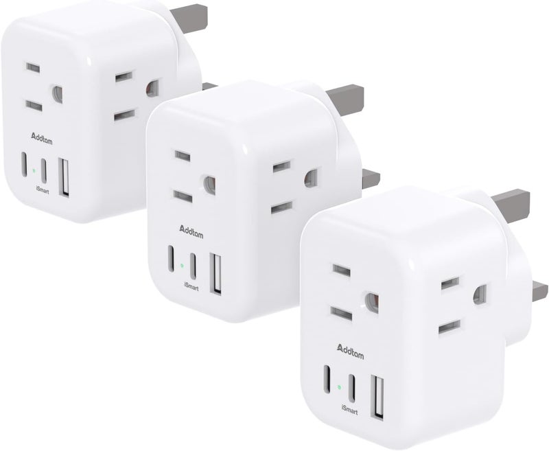 Addtam US to UK Plug Adapter 3 Pack, Type G Travel Plug with 3 Outlets 3 USB Ports(2 USB C), UK Power Adaptor for USA to England London British Ireland Scotland Dubai Hong Kong Kenya - Image 1